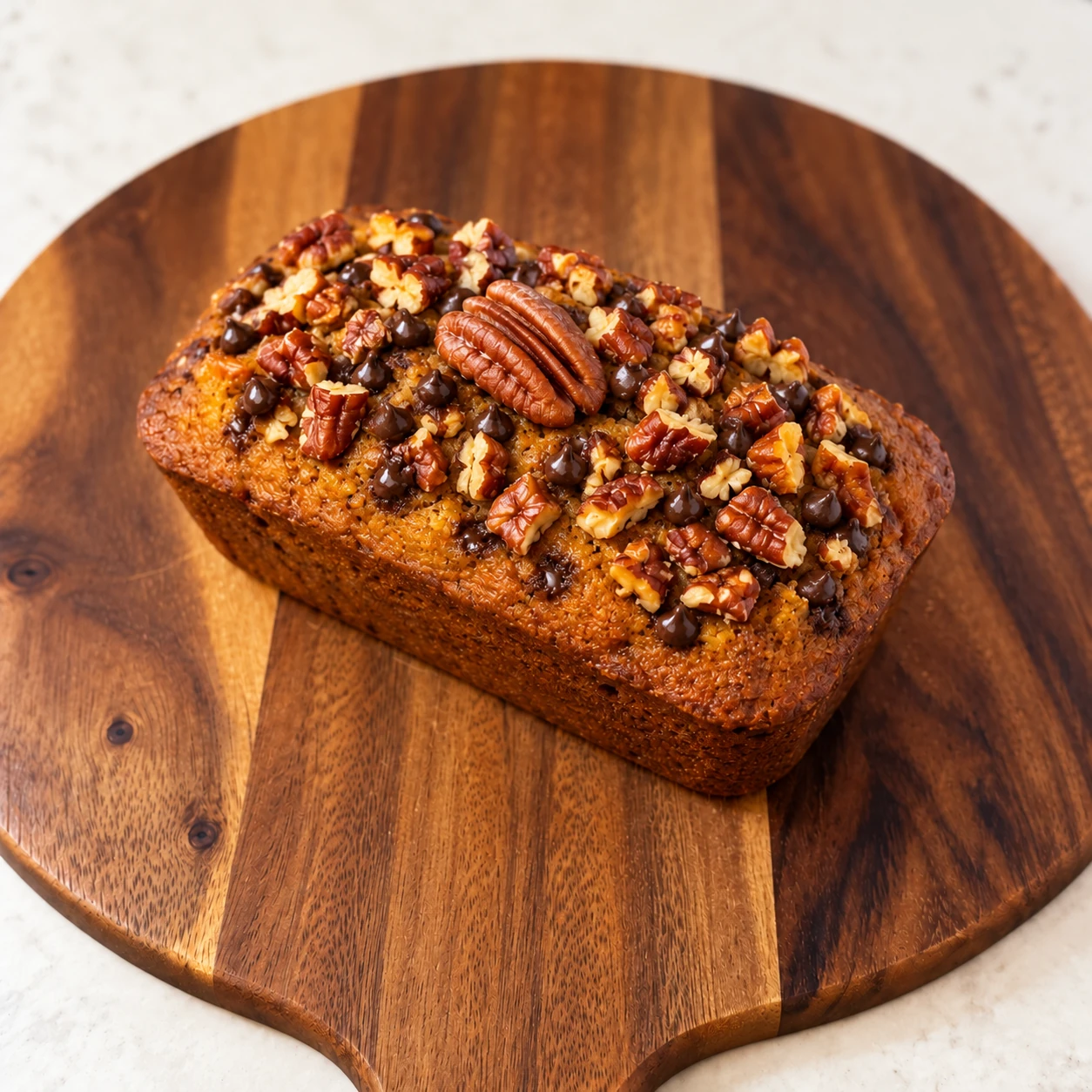 The Turtle pecan and chocolate chip pumpkin banana bread on a wooden serving board